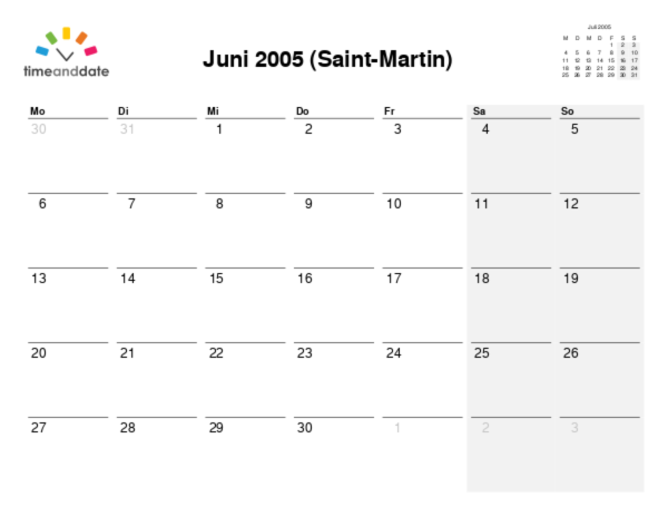 Kalender für 2005 in Saint-Martin