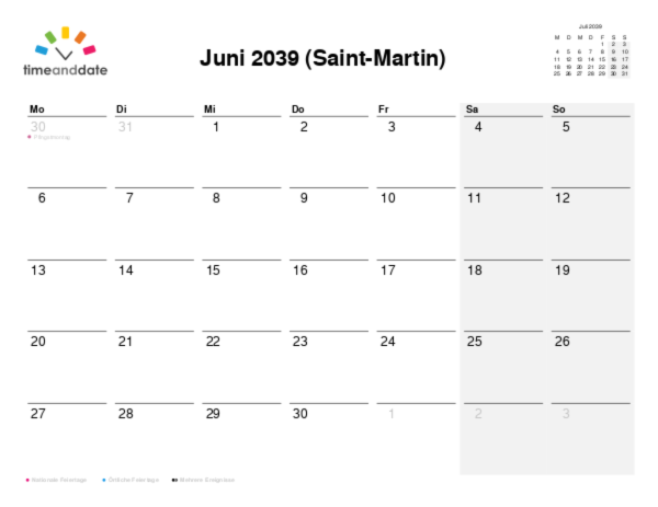Kalender für 2039 in Saint-Martin