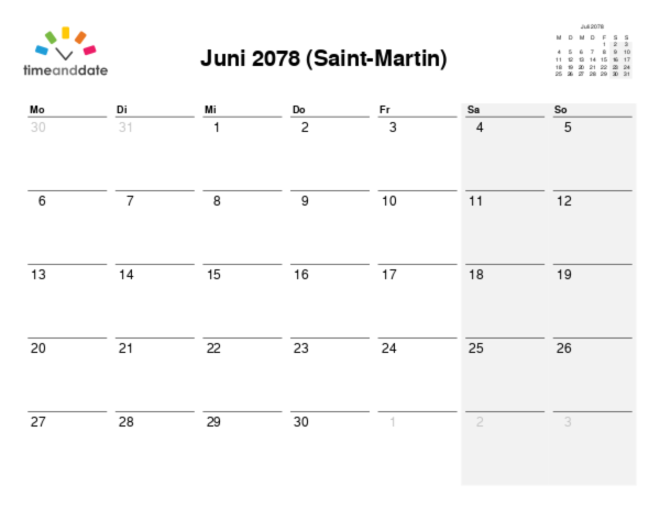 Kalender für 2078 in Saint-Martin