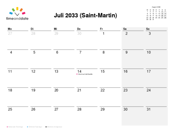 Kalender für 2033 in Saint-Martin