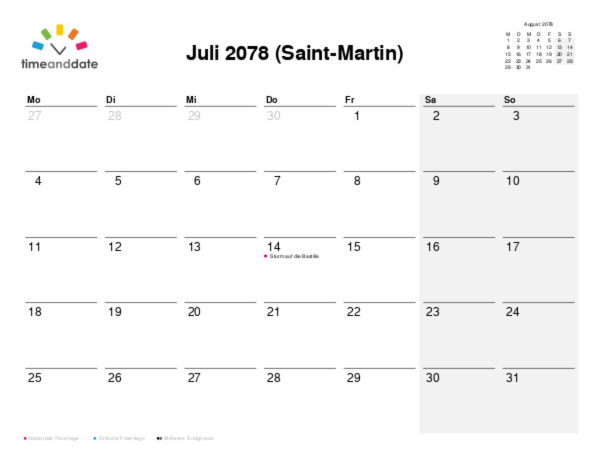 Kalender für 2078 in Saint-Martin
