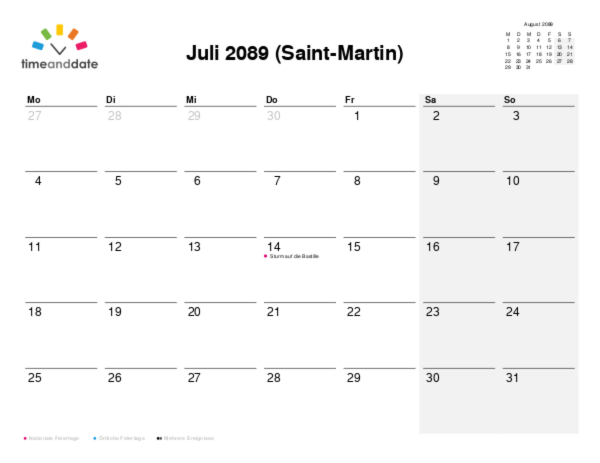 Kalender für 2089 in Saint-Martin