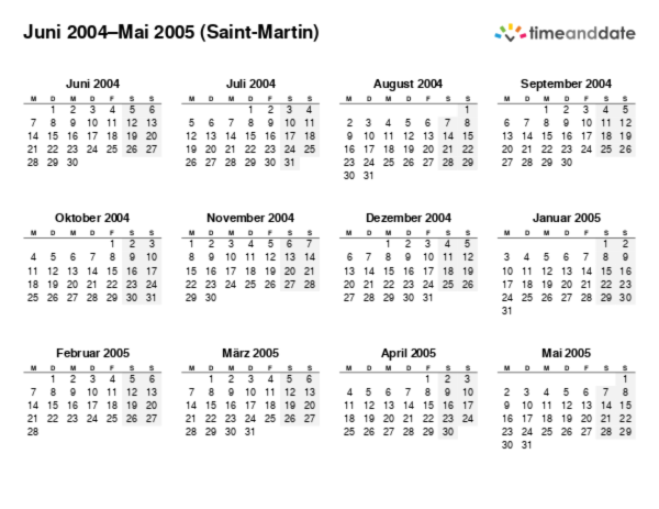 Kalender für 2004 in Saint-Martin