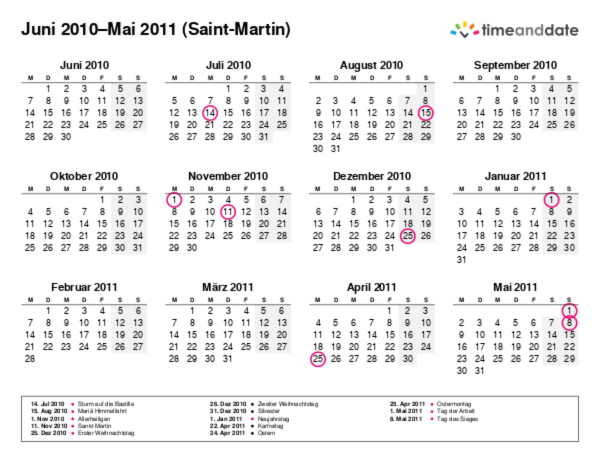 Kalender für 2010 in Saint-Martin