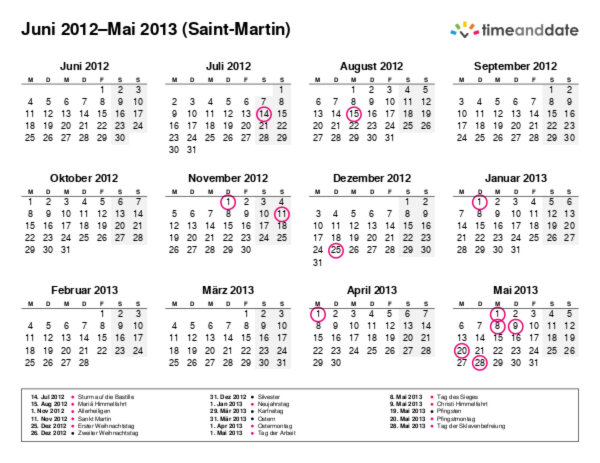 Kalender für 2012 in Saint-Martin