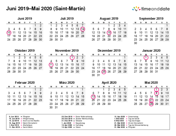 Kalender für 2019 in Saint-Martin
