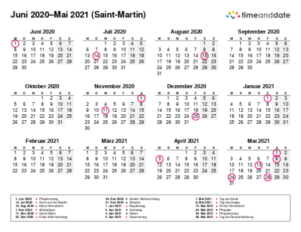 Kalender für 2020 in Saint-Martin