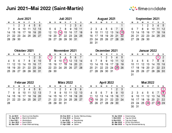 Kalender für 2021 in Saint-Martin