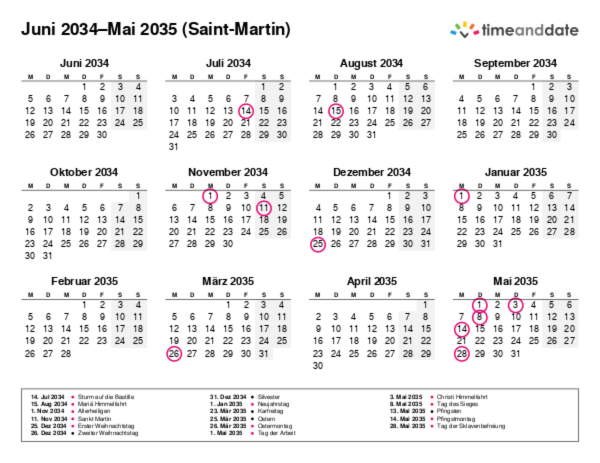Kalender für 2034 in Saint-Martin