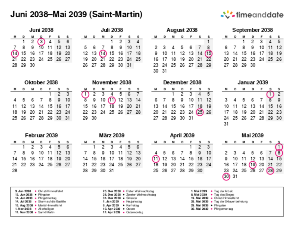 Kalender für 2038 in Saint-Martin