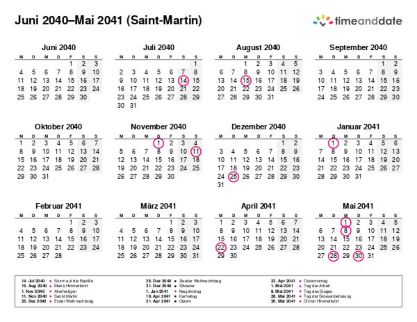 Kalender für 2040 in Saint-Martin