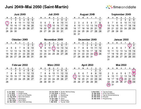 Kalender für 2049 in Saint-Martin