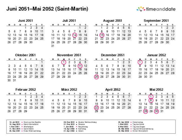 Kalender für 2051 in Saint-Martin
