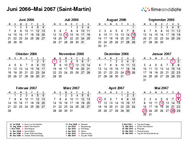 Kalender für 2066 in Saint-Martin