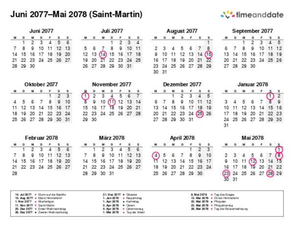 Kalender für 2077 in Saint-Martin