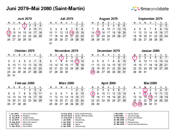 Kalender für 2079 in Saint-Martin