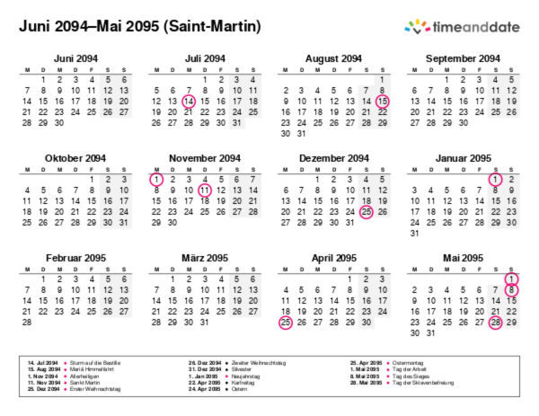 Kalender für 2094 in Saint-Martin