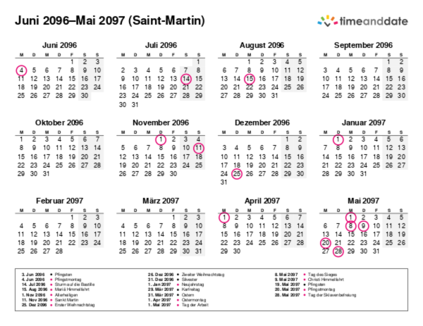 Kalender für 2096 in Saint-Martin