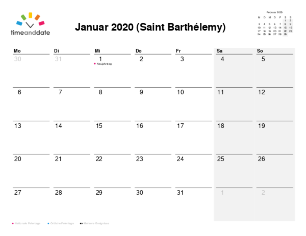 Kalender für 2020 in Saint Barthélemy