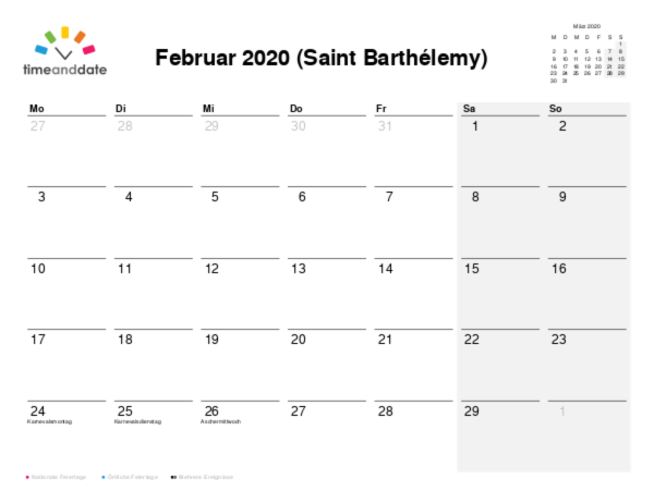 Kalender für 2020 in Saint Barthélemy