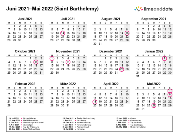 Kalender für 2021 in Saint Barthélemy