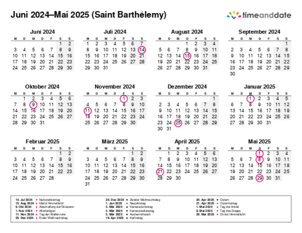 Kalender für 2024 in Saint Barthélemy
