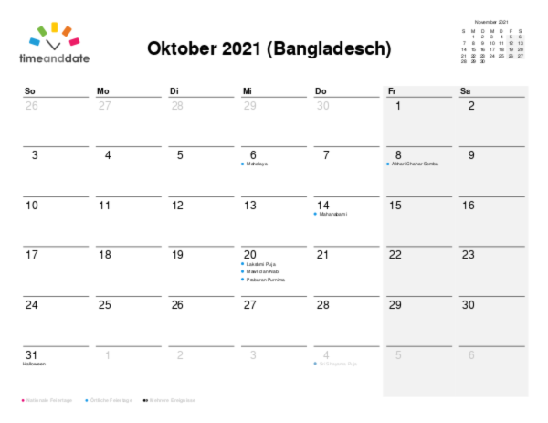 Kalender für 2021 in Bangladesch