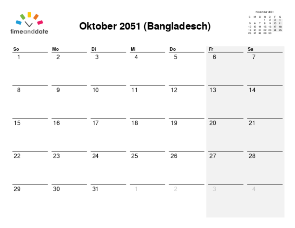 Kalender für 2051 in Bangladesch