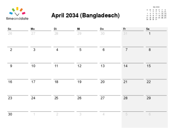 Kalender für 2034 in Bangladesch