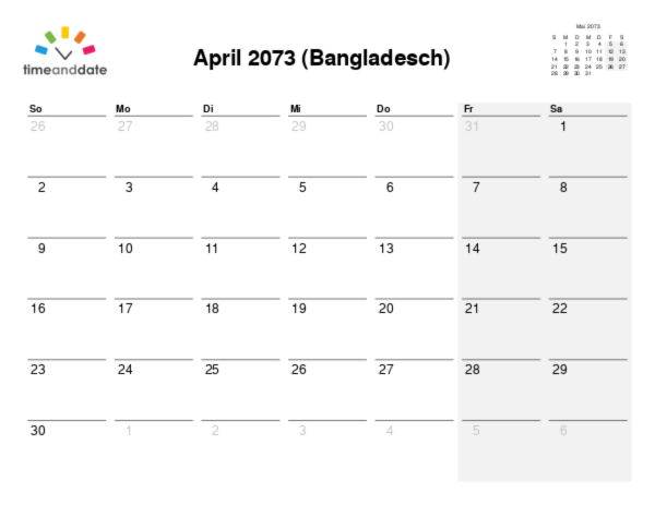 Kalender für 2073 in Bangladesch