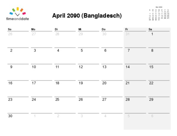 Kalender für 2090 in Bangladesch