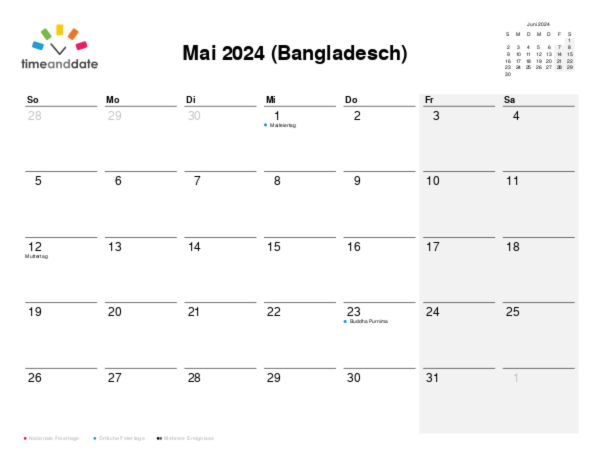 Kalender für 2024 in Bangladesch