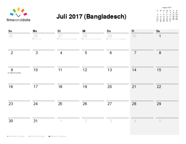 Kalender für 2017 in Bangladesch