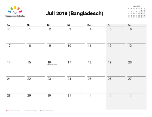 Kalender für 2019 in Bangladesch