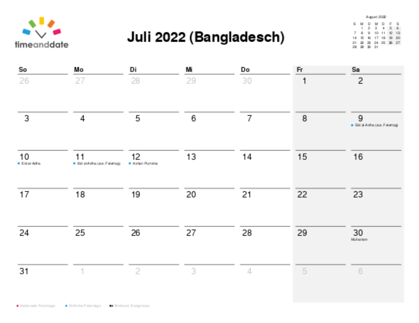 Kalender für 2022 in Bangladesch