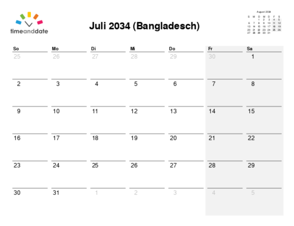 Kalender für 2034 in Bangladesch