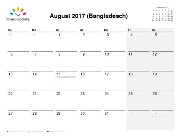 Kalender für 2017 in Bangladesch
