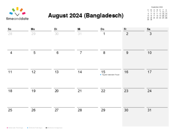 Kalender für 2024 in Bangladesch