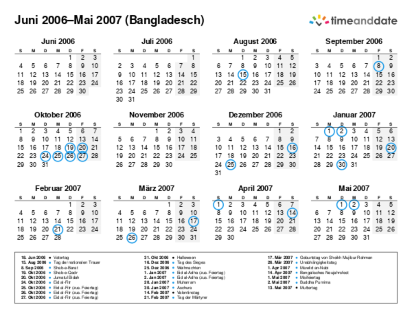 Kalender für 2006 in Bangladesch