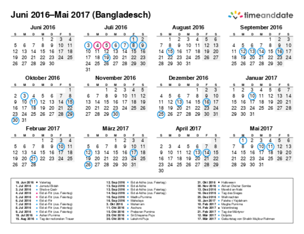 Kalender für 2016 in Bangladesch