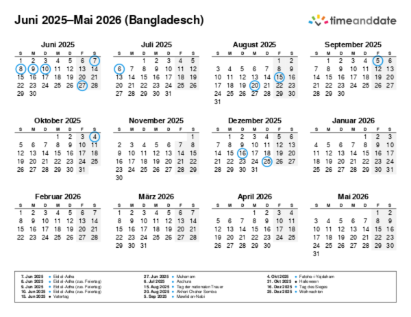Kalender für 2025 in Bangladesch