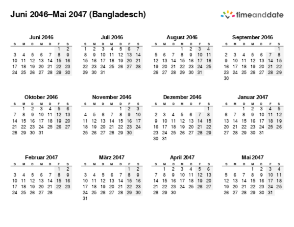 Kalender für 2046 in Bangladesch