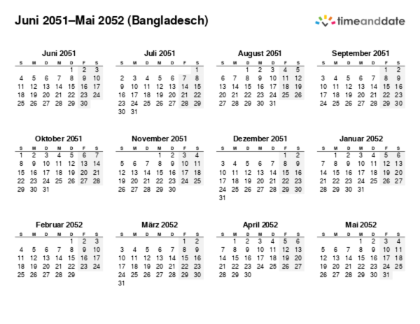 Kalender für 2051 in Bangladesch