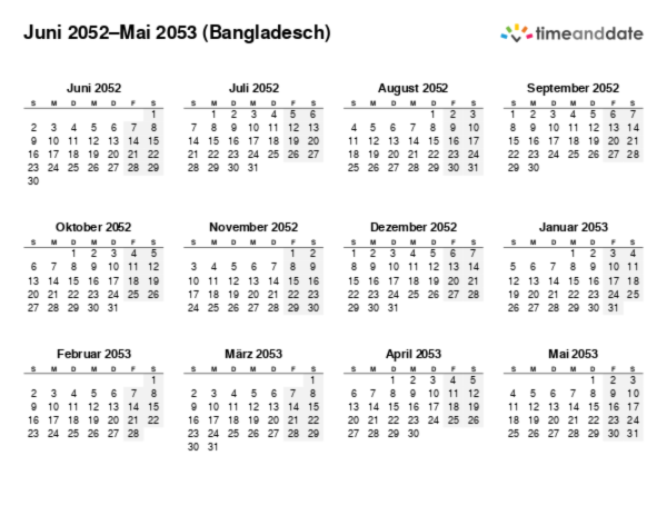 Kalender für 2052 in Bangladesch