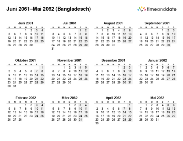 Kalender für 2061 in Bangladesch