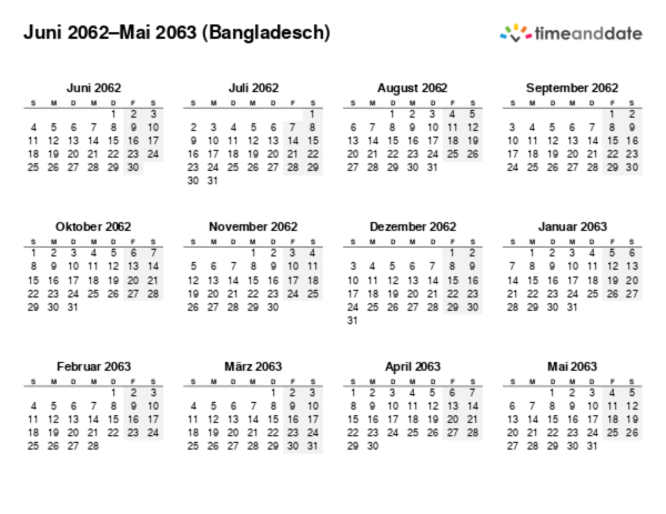 Kalender für 2062 in Bangladesch