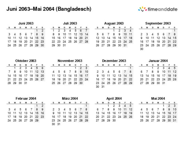 Kalender für 2063 in Bangladesch
