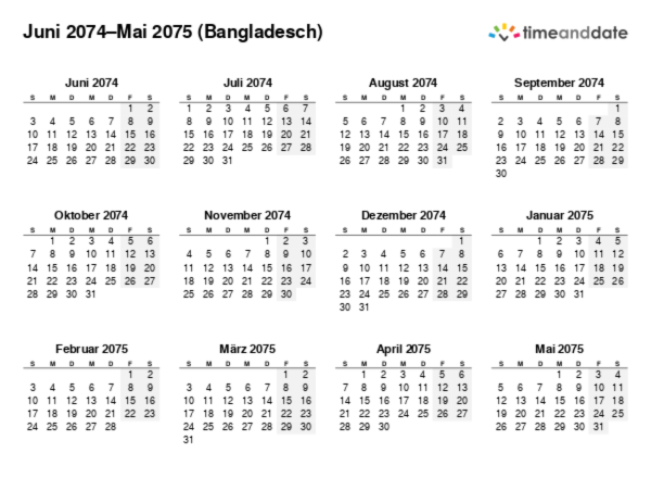 Kalender für 2074 in Bangladesch