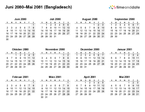 Kalender für 2080 in Bangladesch