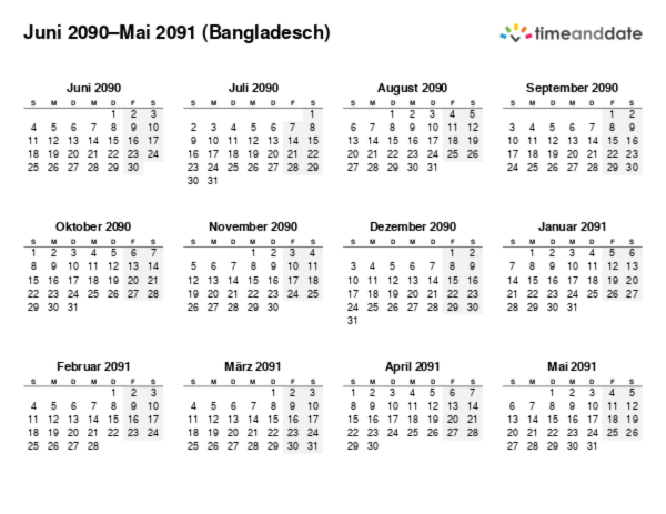 Kalender für 2090 in Bangladesch